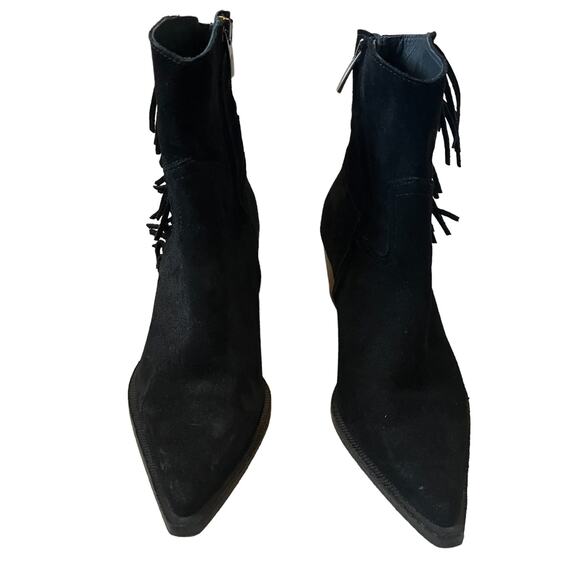 Pinko Fringe Black Suede Leather Western Pointed Toe Block Heel Boots Size 6 - Picture 2 of 9
